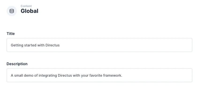 A form named Global has two inputs - a title and a description, each filled with some text.